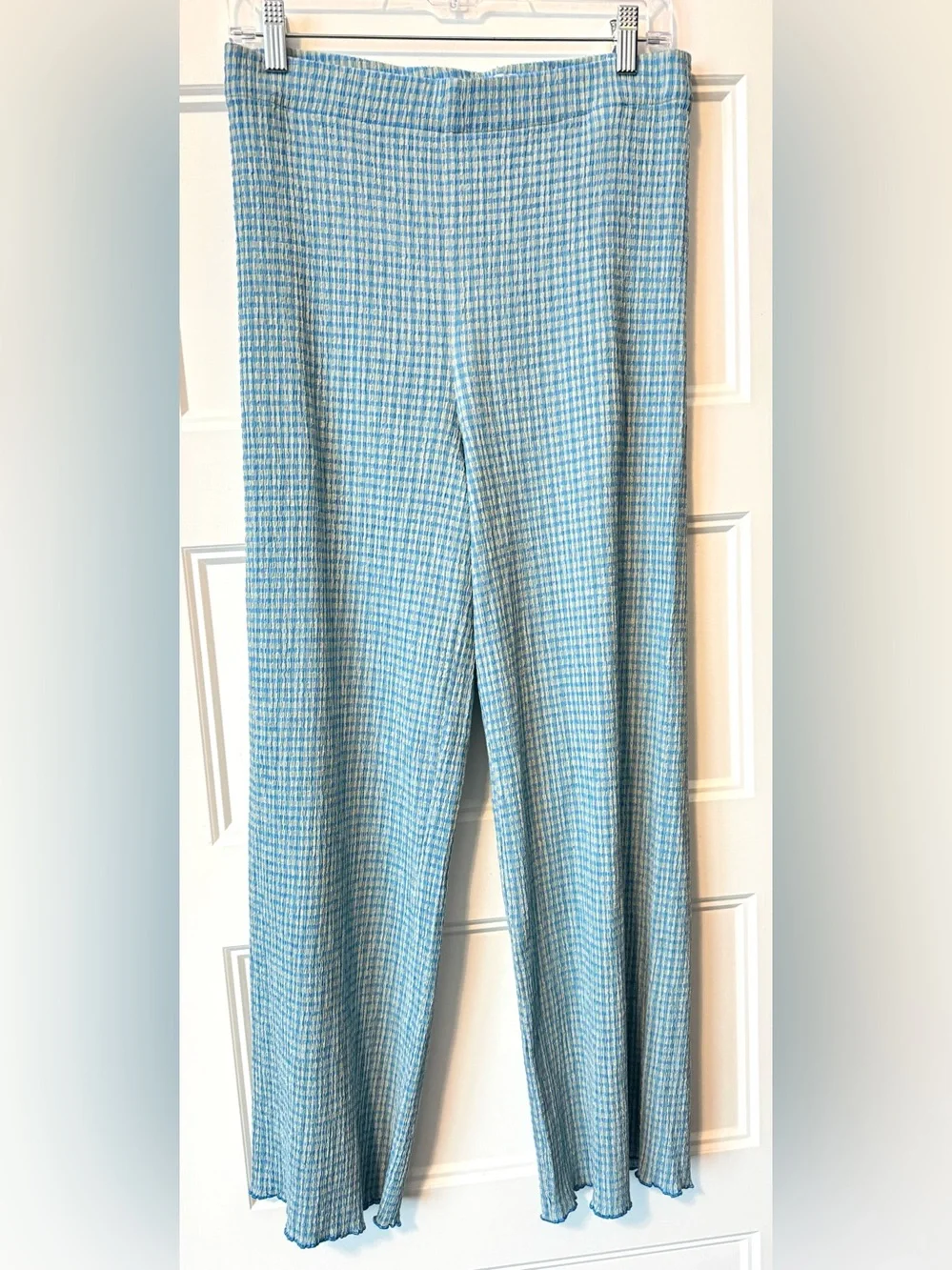 Aritzia Wilfred Verona Textured Wide Leg Pants Blue Check Medium Seersucker